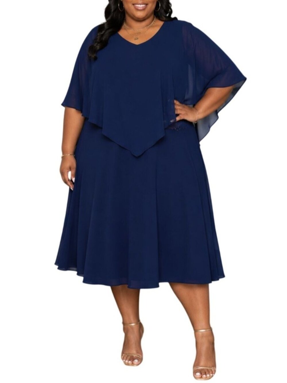 Dress Tells Size 2XL Dress Navy Chiffon Cape Overlay Elegant Flowy Formal Style
